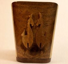 Handcrafted Wood Square Pen Pot with Bird Design
